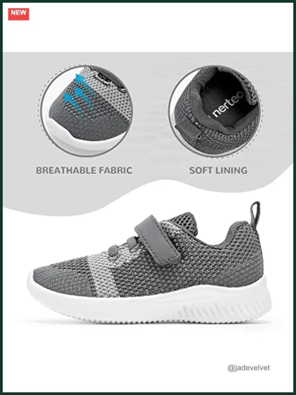 Kids Sneakers Hook & Loop Closure Memory Foam Breathable Lightweight
